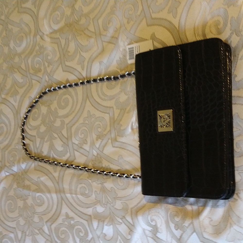 Anne Klein Black Crocodile Embossed Purse With Braided Gold Black Chain Worn 1x - Picture 2 of 6